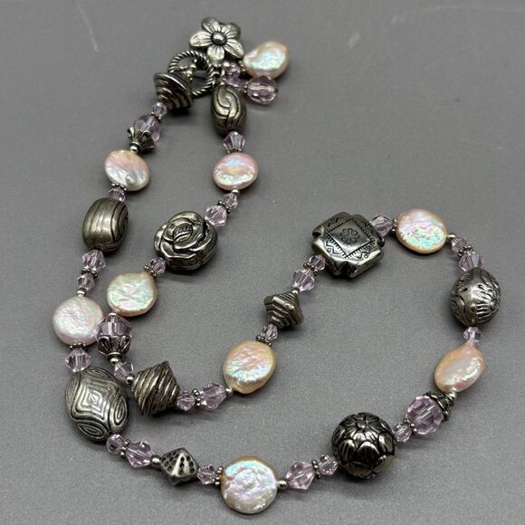 Artisan Silver Plated Bead Necklace Coin Pearl Pink Crystal Floral Toggle Clasp - Picture 3 of 9
